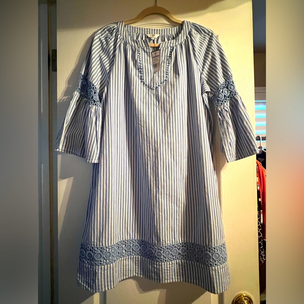 crown & ivy Light Blue and White Striped Crochet-Trim Midi Dress